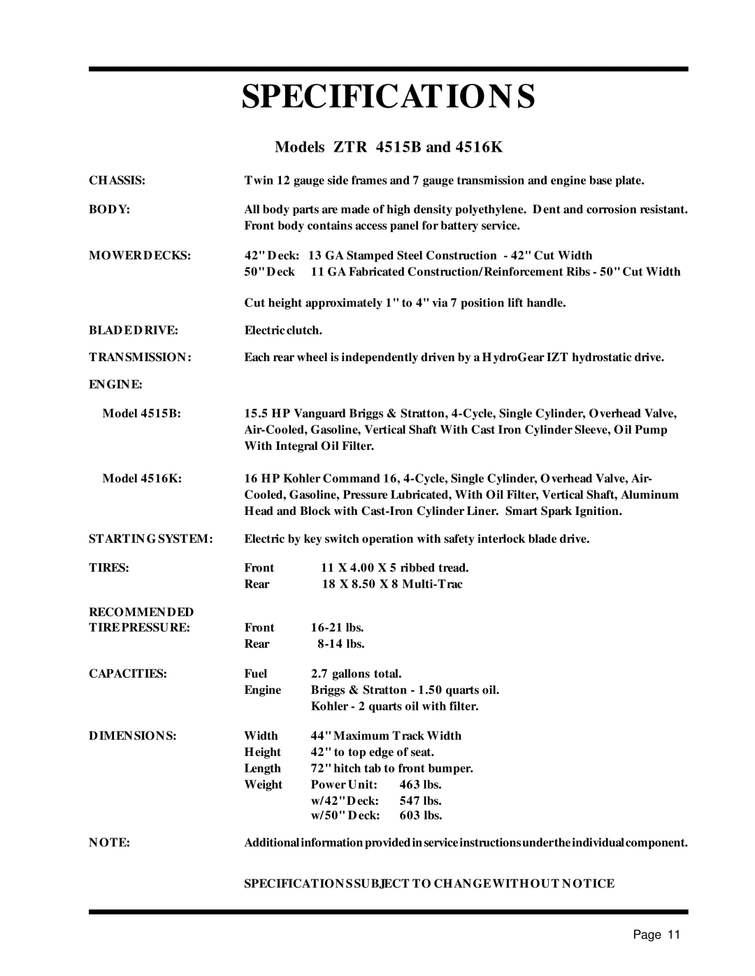 Dixon 1857-0599 manual Specifications, Models ZTR 4515B and 4516K 