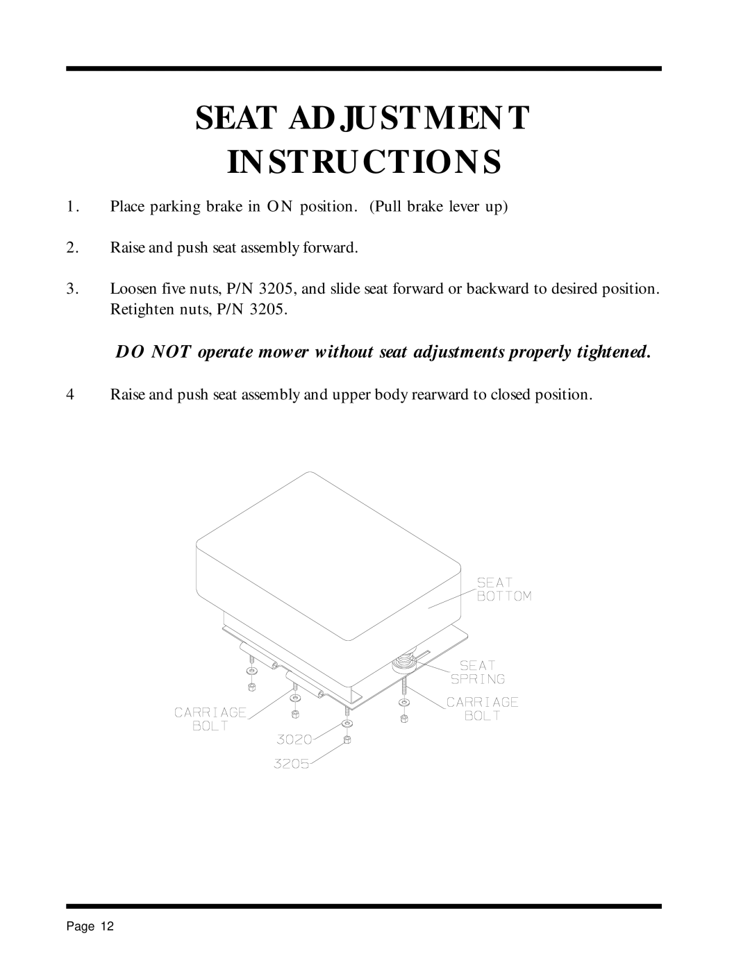 Dixon 1857-0599 manual Seat Adjustment Instructions 