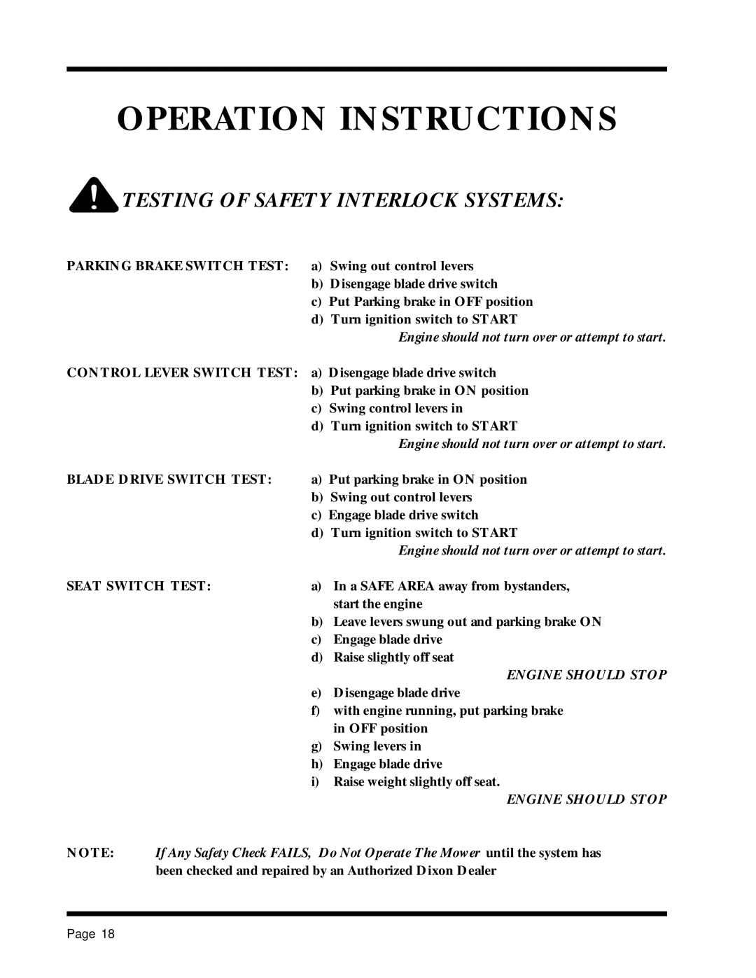 Dixon 1857-0599 manual Testing of Safety Interlock Systems, Engine should not turn over or attempt to start 