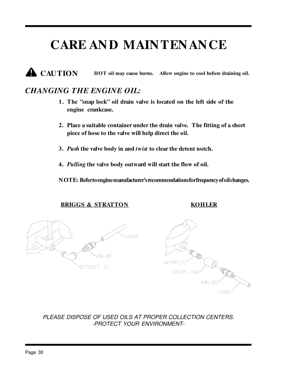 Dixon 1857-0599 manual Changing the Engine OIL 