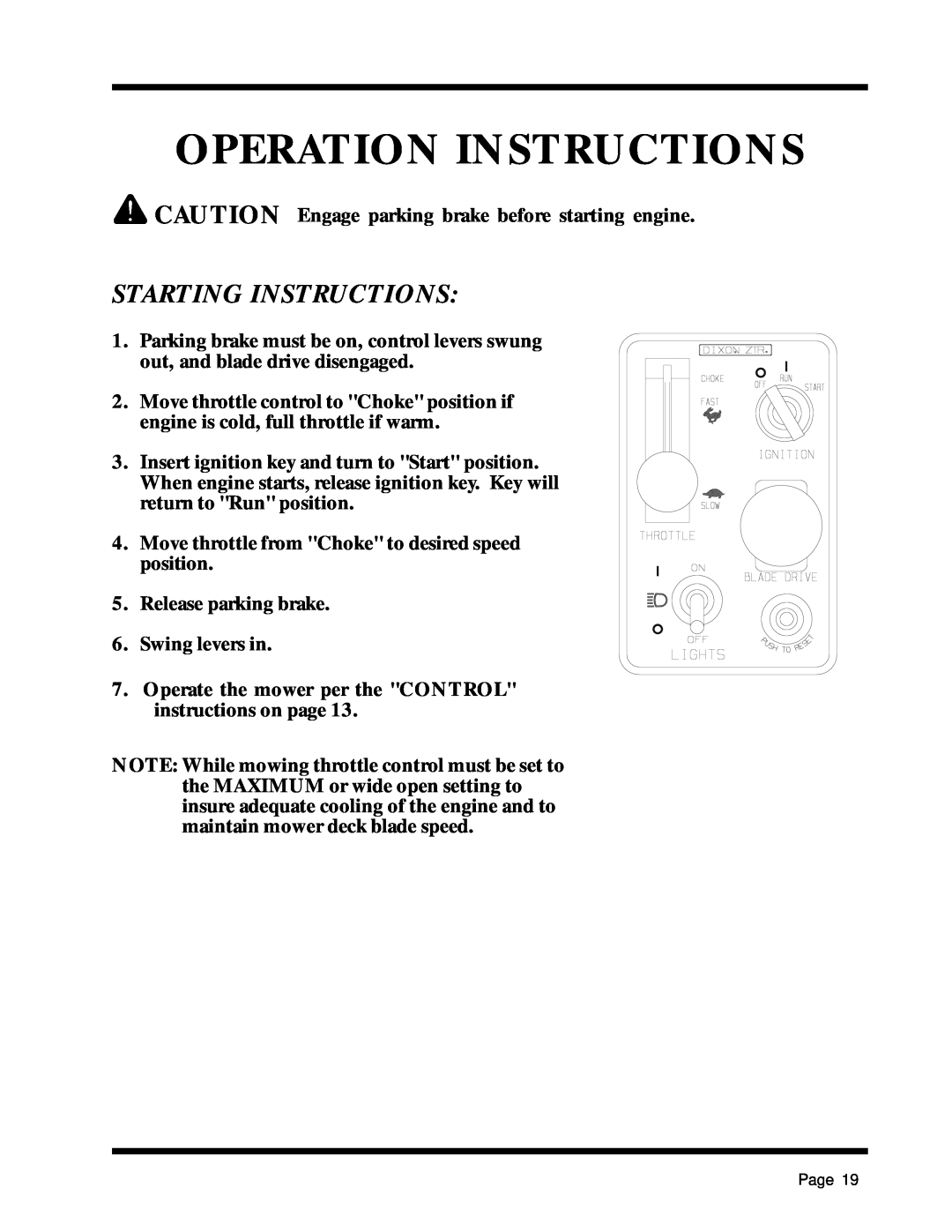 Dixon 1857-0599 manual Starting Instructions, Operation Instructions 
