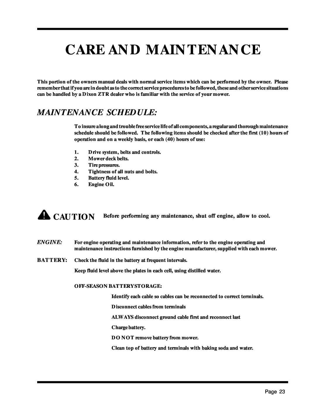 Dixon 1857-0599 manual Care And Maintenance, Maintenance Schedule 