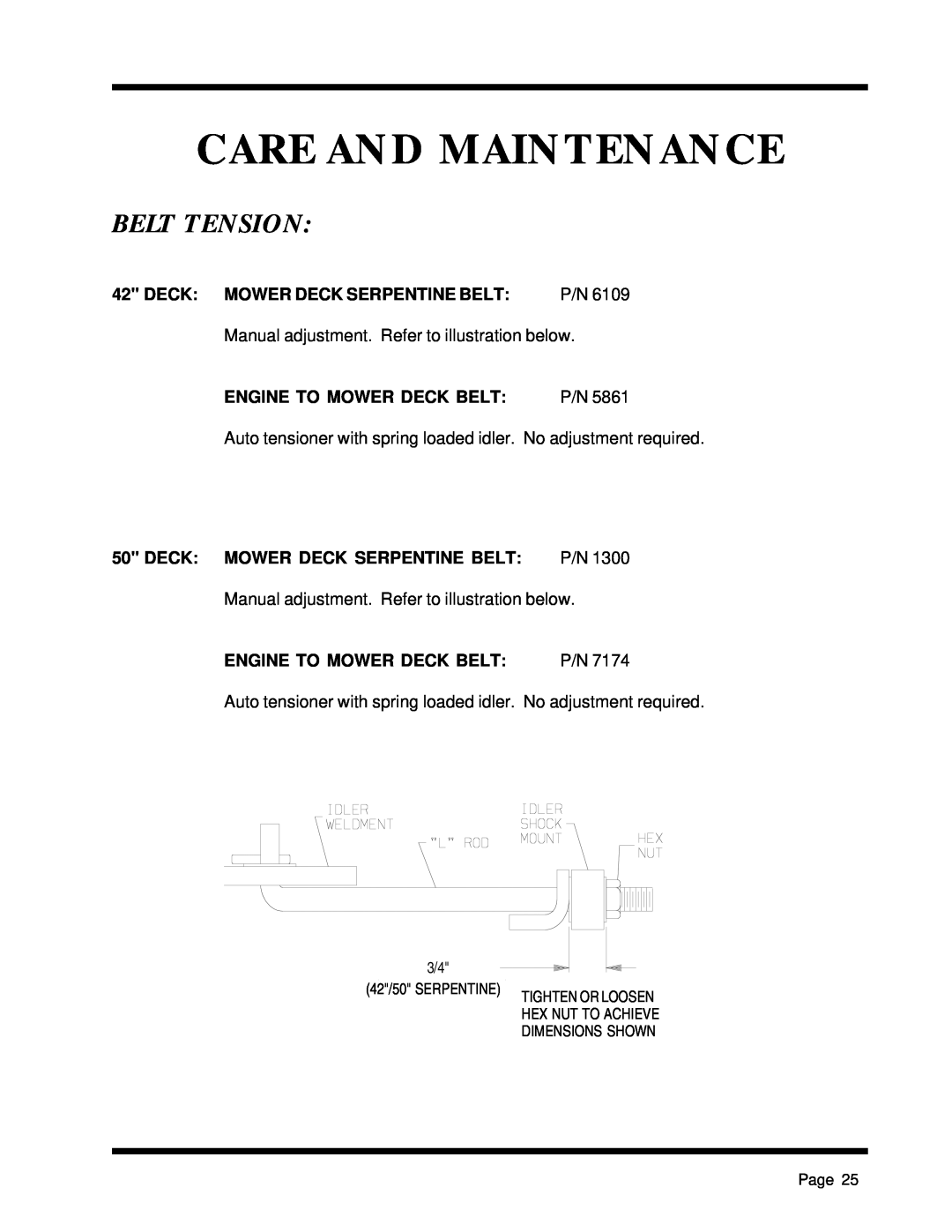 Dixon 1857-0599 manual Belt Tension, Care And Maintenance, Deck Mower Deck Serpentine Belt, Engine To Mower Deck Belt 