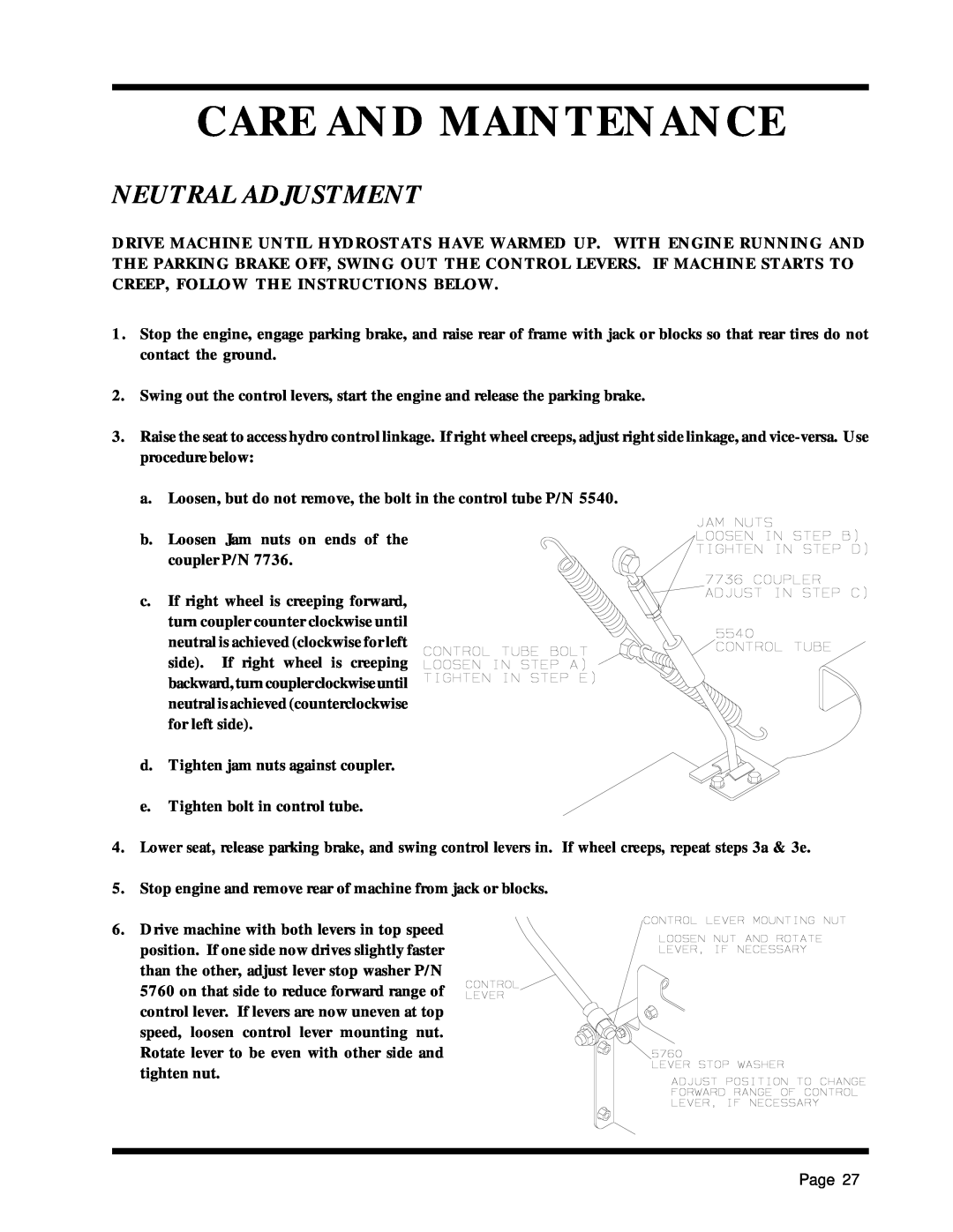 Dixon 1857-0599 manual Neutral Adjustment, Care And Maintenance 