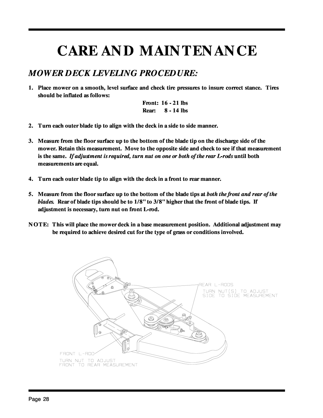 Dixon 1857-0599 manual Mower Deck Leveling Procedure, Care And Maintenance 