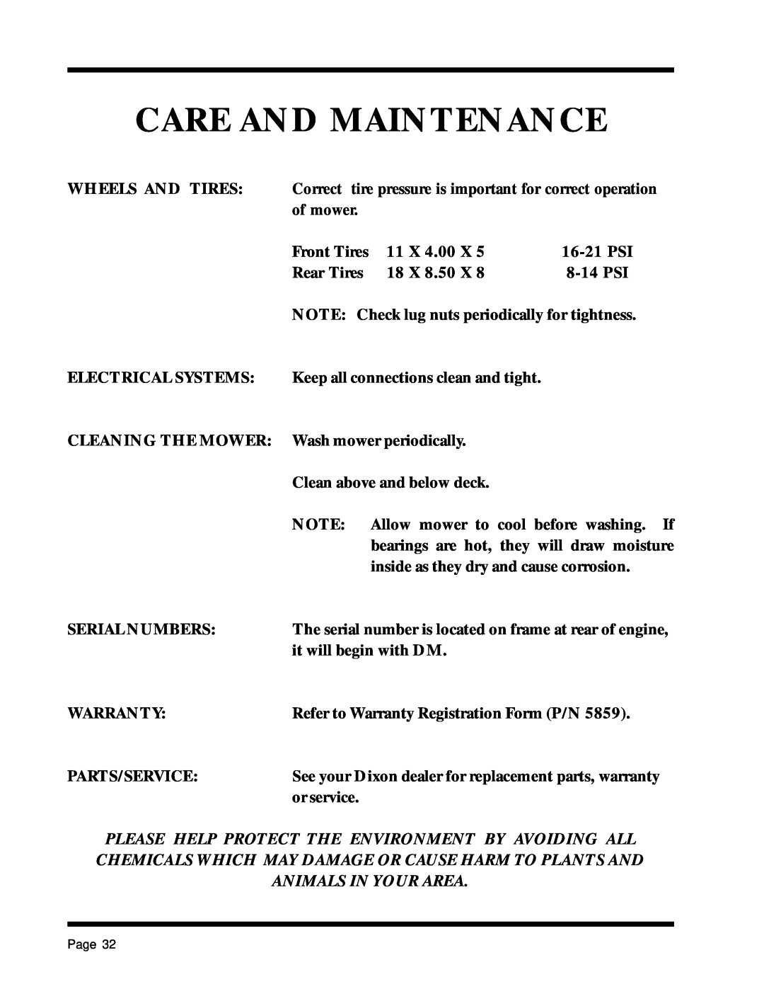 Dixon 1857-0599 manual Care And Maintenance, Wheels And Tires 