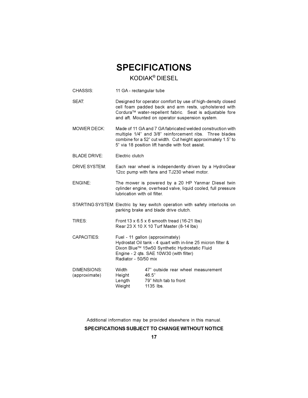 Dixon 18626-106 manual Specifications, Kodiak Diesel 