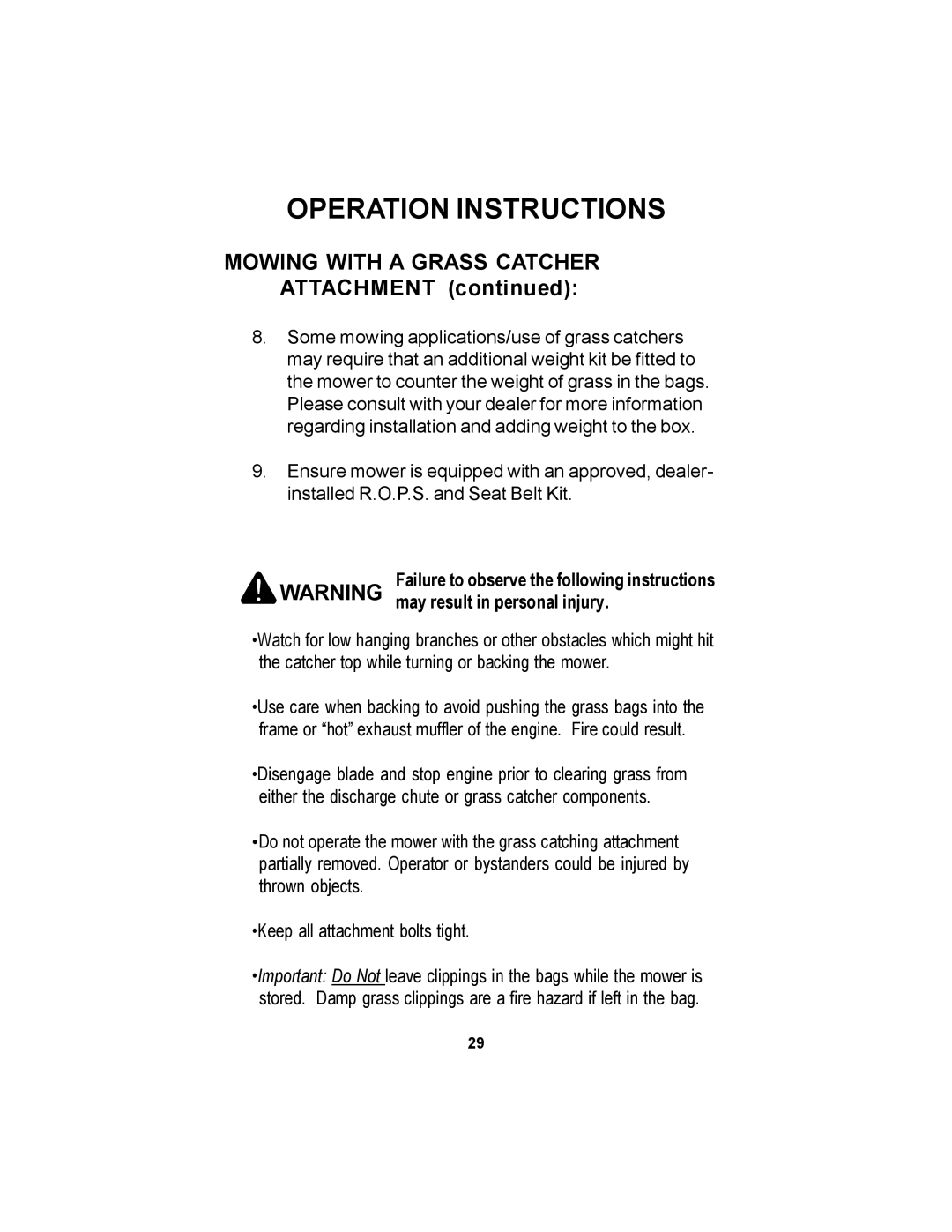 Dixon 18626-106 manual Mowing with a Grass Catcher Attachment, Failure to observe the following instructions 