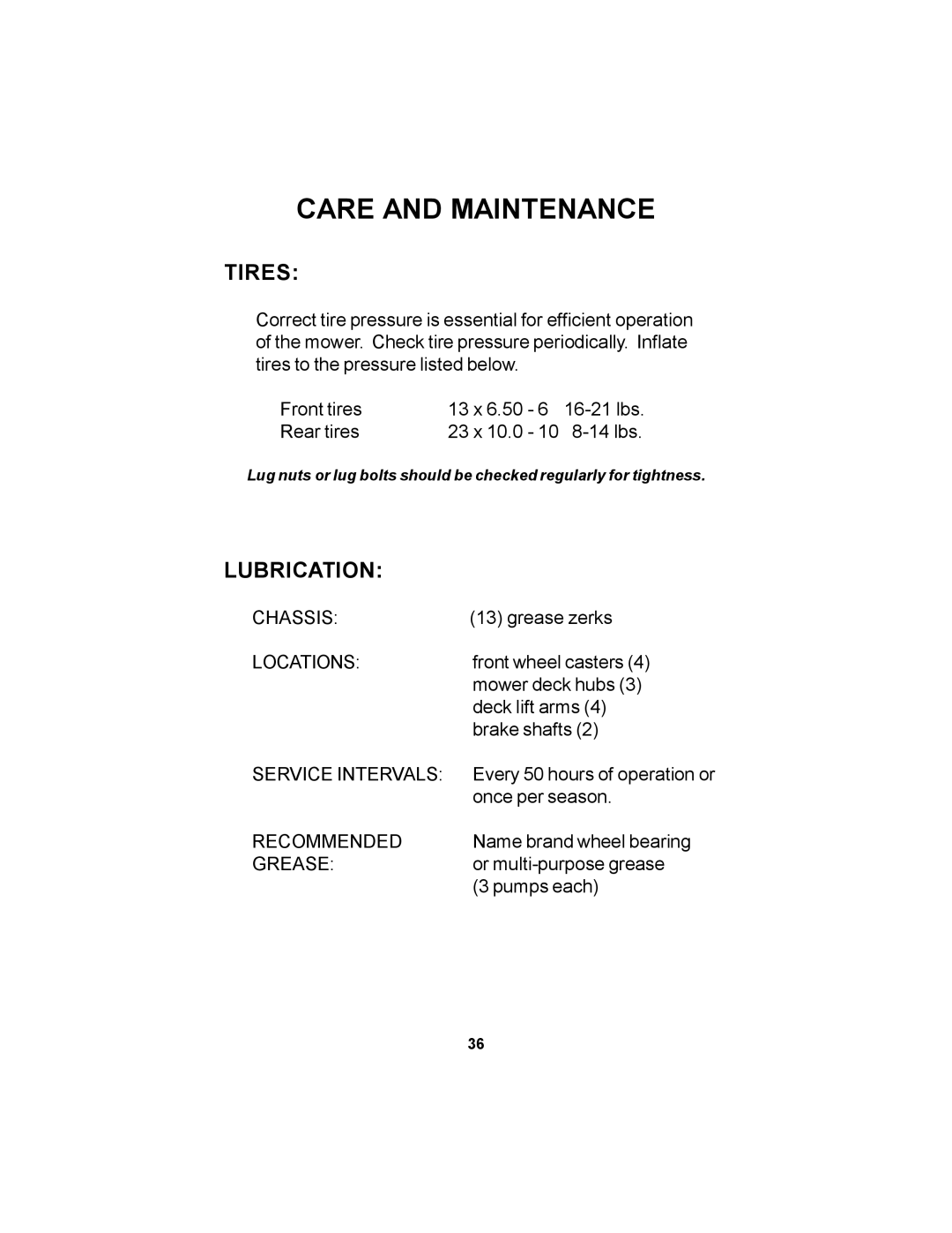 Dixon 18626-106 manual Tires, Lubrication 