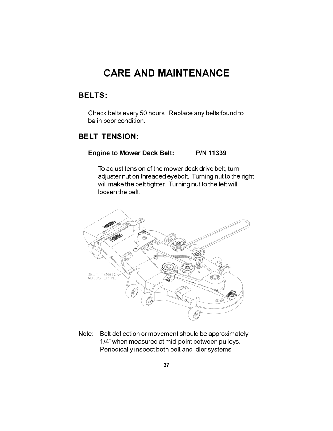 Dixon 18626-106 manual Belts, Belt Tension 