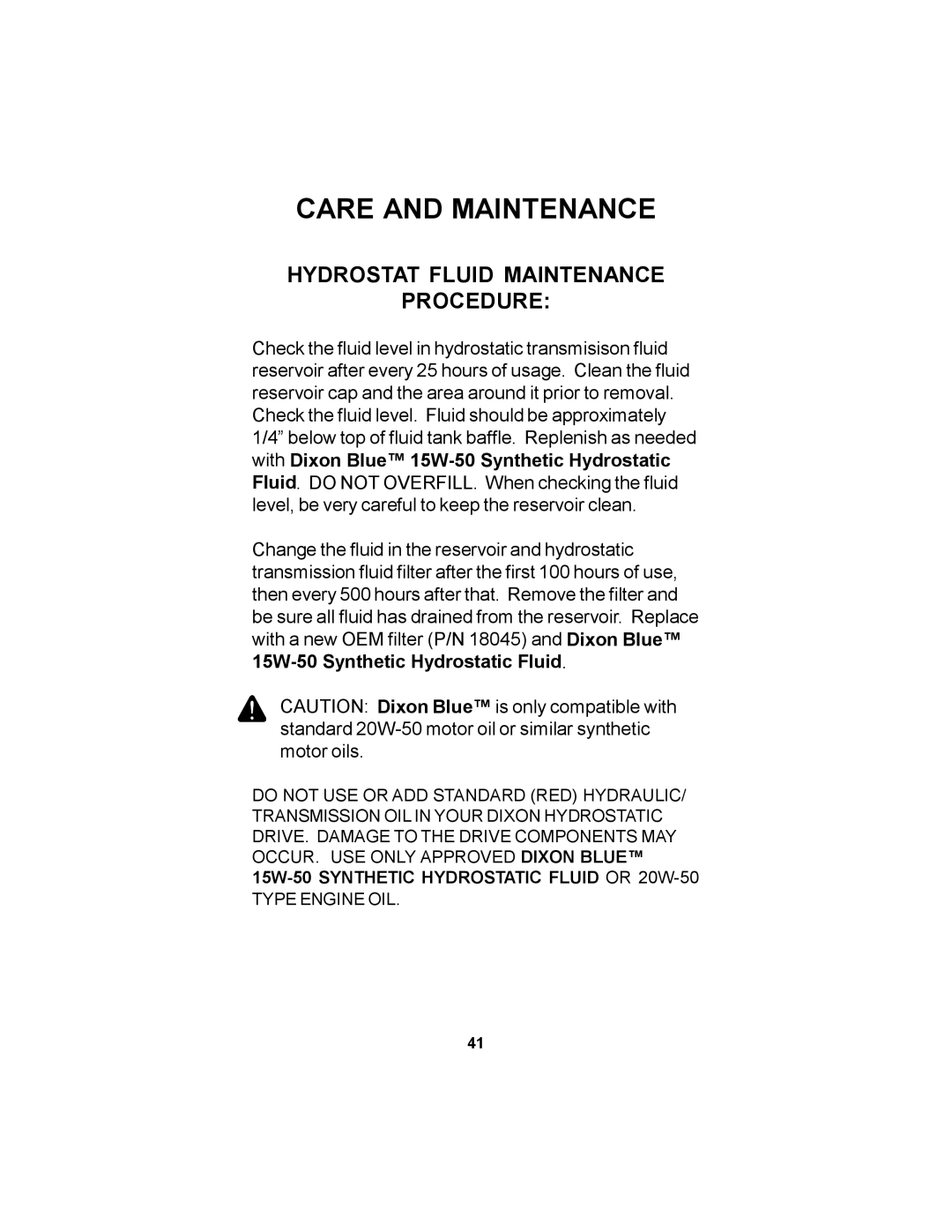 Dixon 18626-106 manual Hydrostat Fluid Maintenance Procedure 