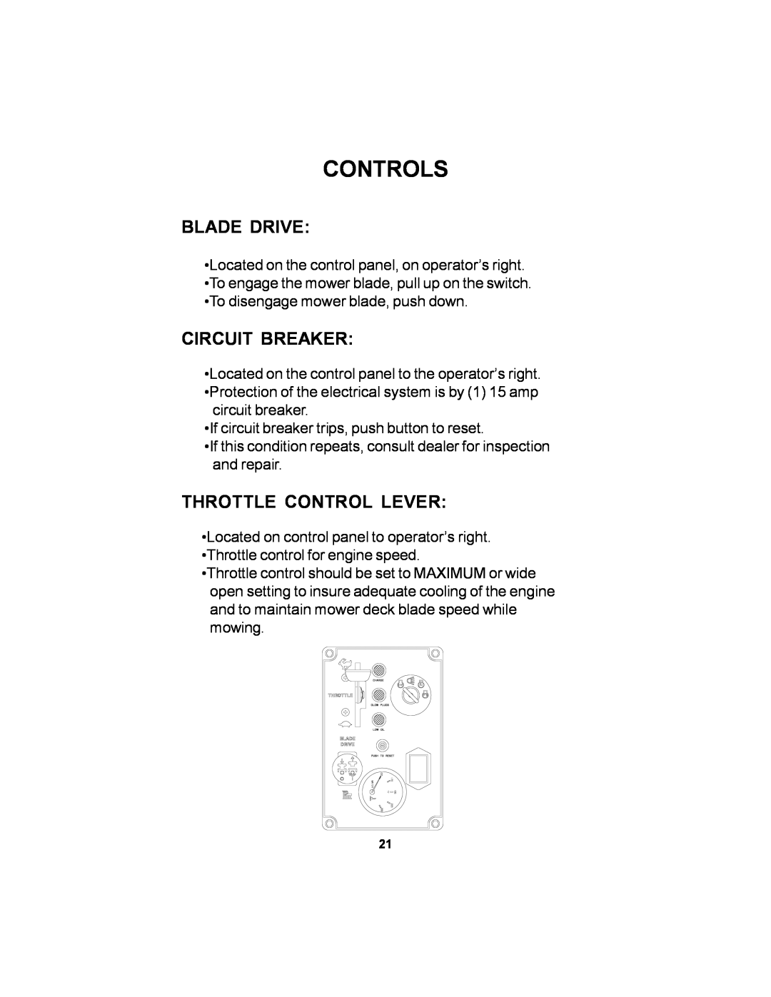 Dixon 18626-106 manual Blade Drive, Circuit Breaker, Throttle Control Lever, Controls 