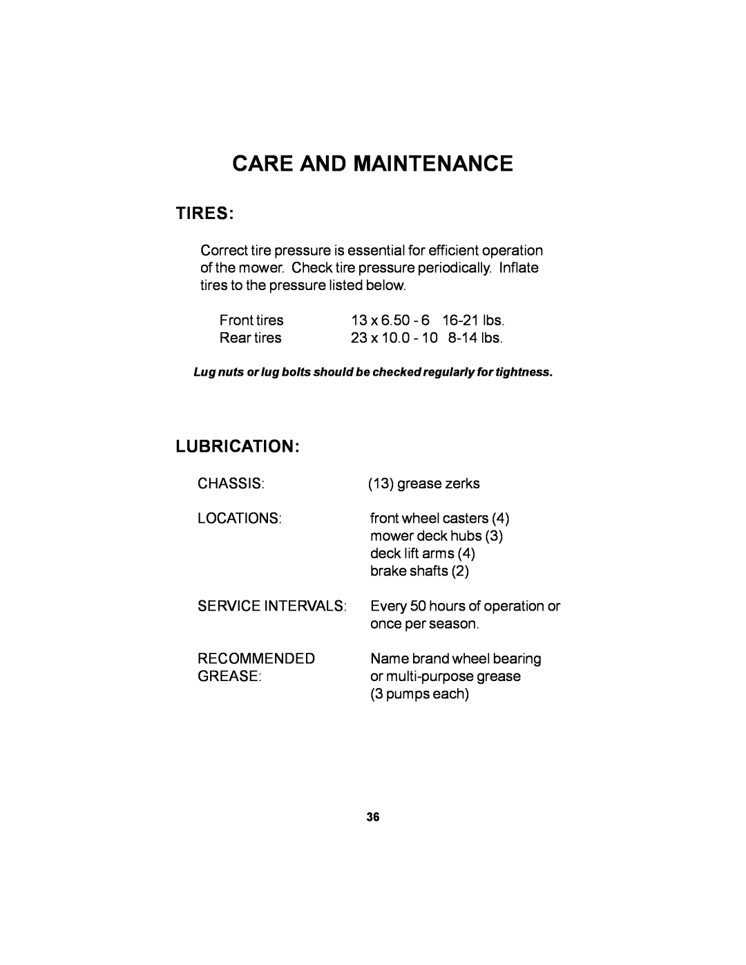 Dixon 18626-106 manual Tires, Lubrication, Care And Maintenance 