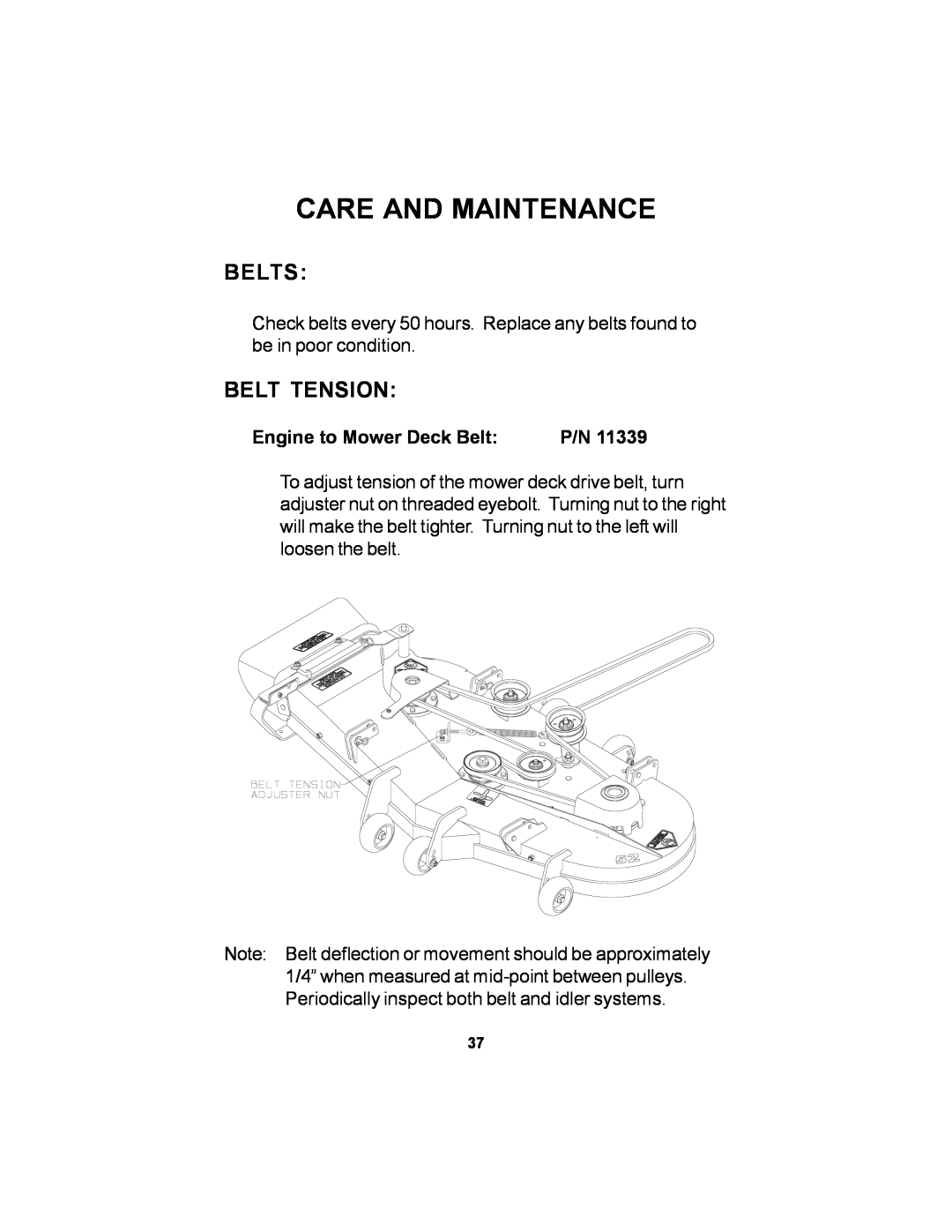 Dixon 18626-106 manual Belts, Belt Tension, Care And Maintenance, Engine to Mower Deck Belt 