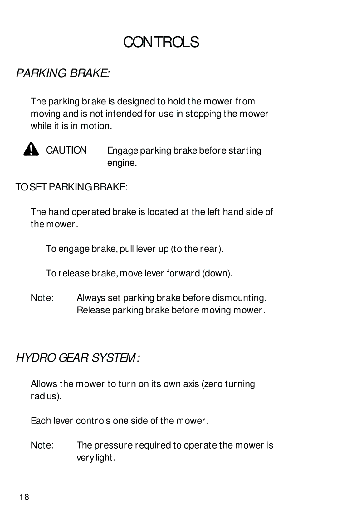 Dixon 1950-2300 Series manual Parking Brake, Hydro Gear System 