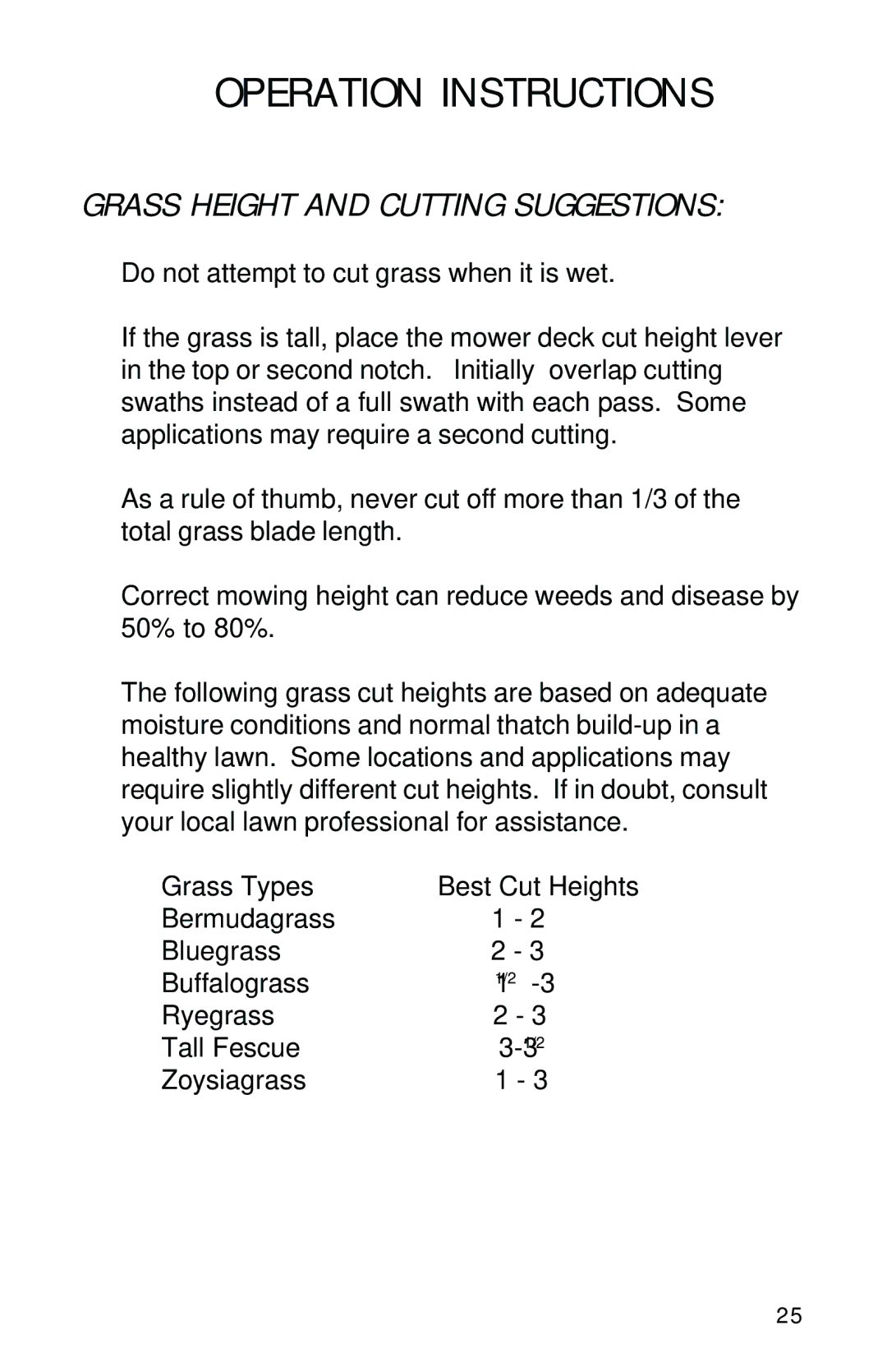 Dixon 1950-2300 Series manual Grass Height and Cutting Suggestions 