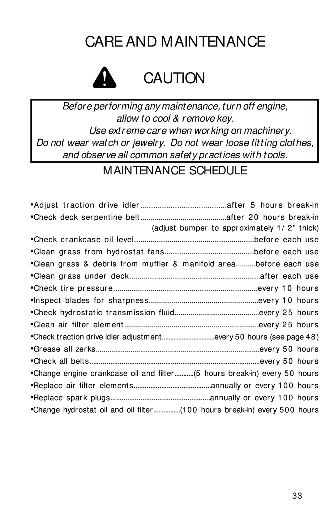 Dixon 1950-2300 Series manual Care and Maintenance, Maintenance Schedule 