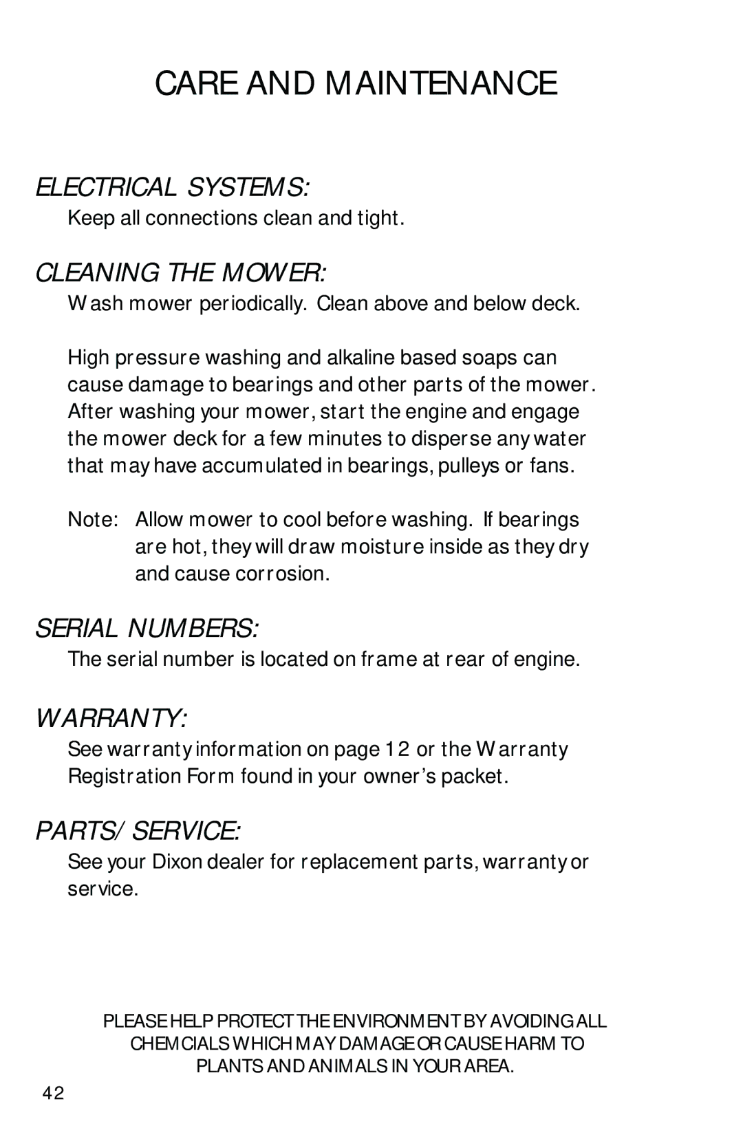 Dixon 1950-2300 Series manual Electrical Systems, Cleaning the Mower, Serial Numbers, Warranty, Parts/Service 