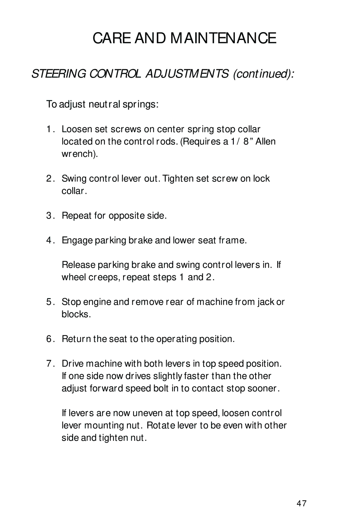 Dixon 1950-2300 Series manual Steering Control Adjustments, To adjust neutral springs 