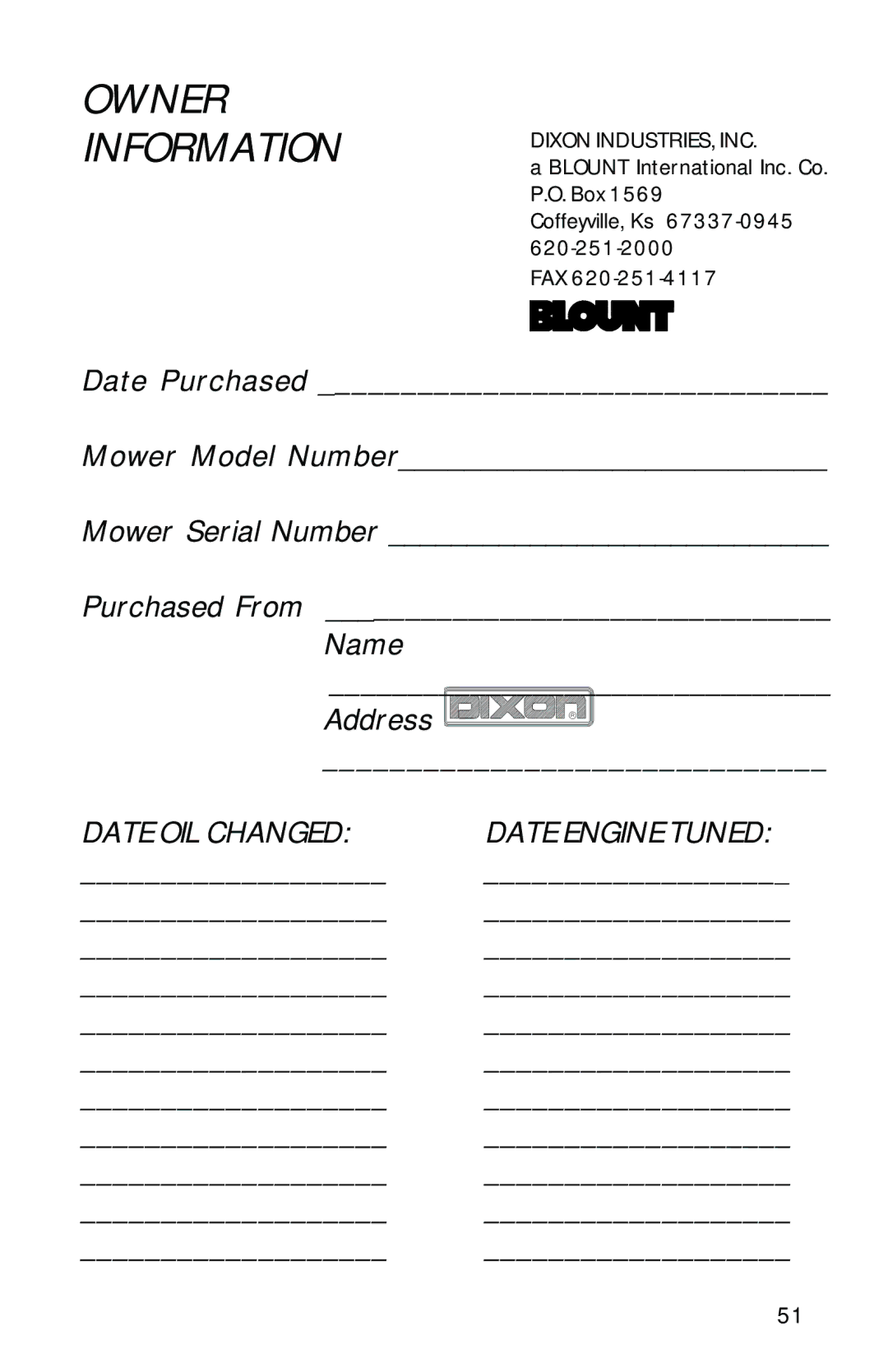 Dixon 1950-2300 Series manual Owner Information 