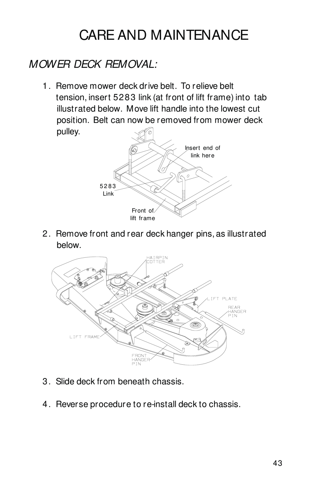 Dixon 1950-2300 Series manual Mower Deck Removal, Care And Maintenance 