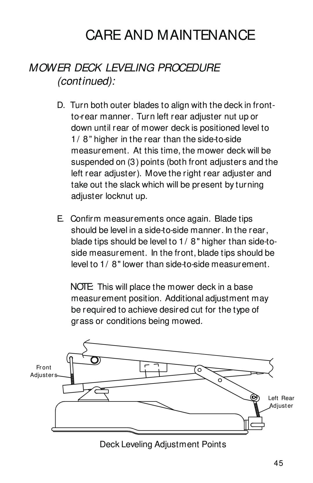 Dixon 1950-2300 Series manual MOWER DECK LEVELING PROCEDURE continued, Care And Maintenance 