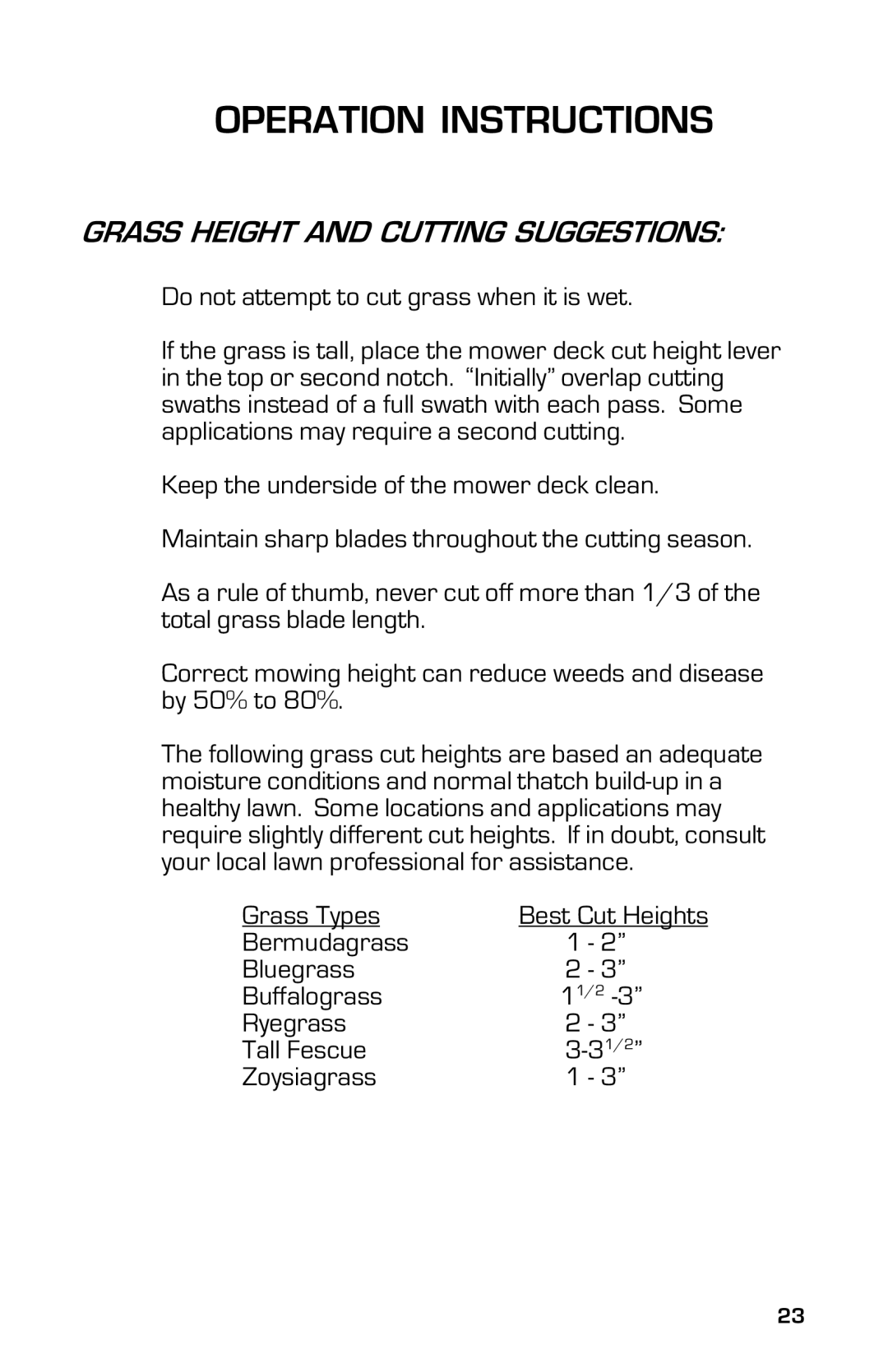 Dixon 13639-0702, 2003 manual Grass Height and Cutting Suggestions 