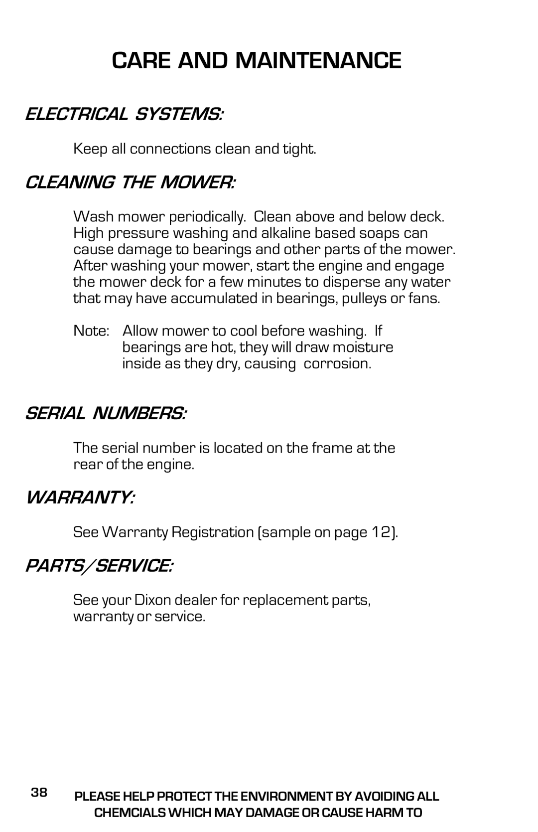 Dixon 2003, 13639-0702 manual Electrical Systems, Cleaning the Mower, Serial Numbers, Warranty, Parts/Service 