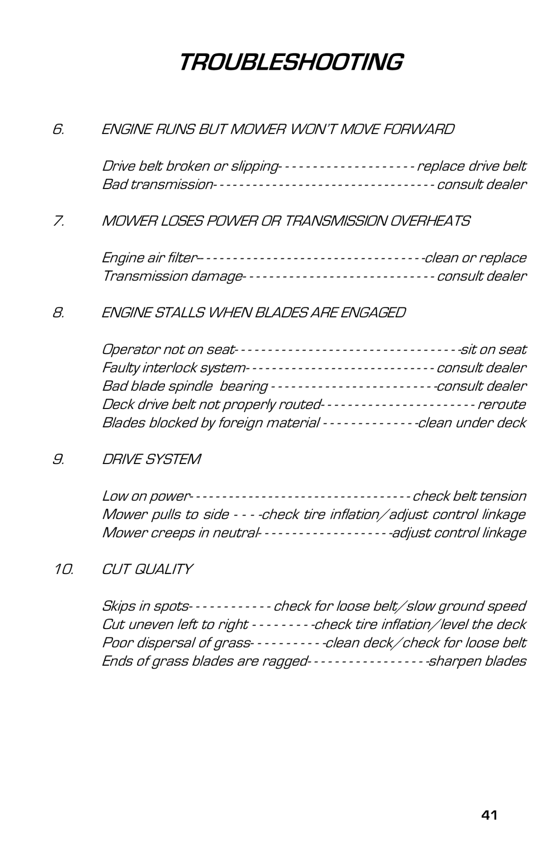 Dixon 13639-0702, 2003 manual Engine Runs but Mower WON’T Move Forward 