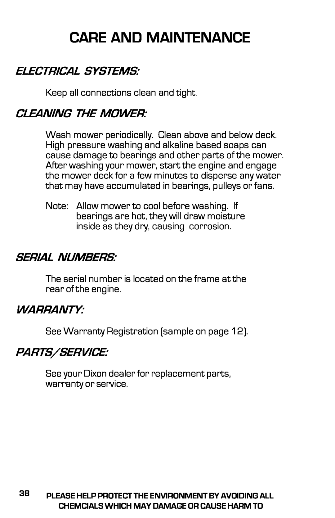 Dixon 2003 manual Care And Maintenance, Electrical Systems, Cleaning The Mower, Serial Numbers, Warranty, Parts/Service 