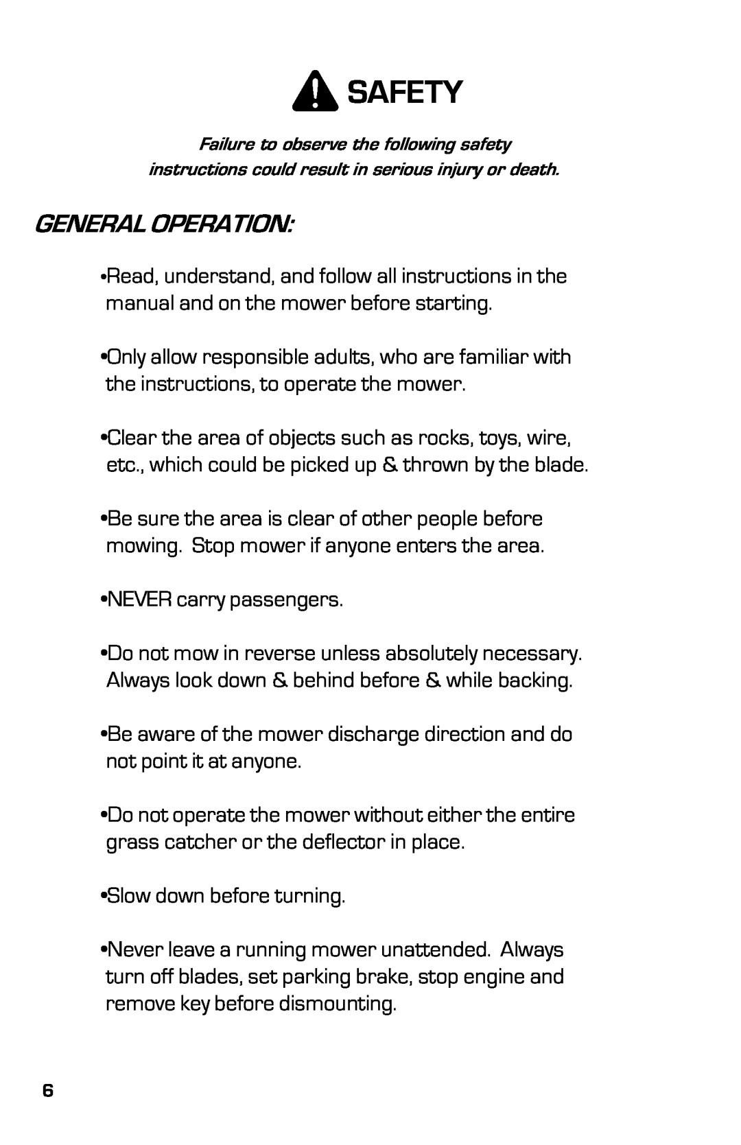 Dixon 2003, 13639-0702 manual Safety, General Operation 