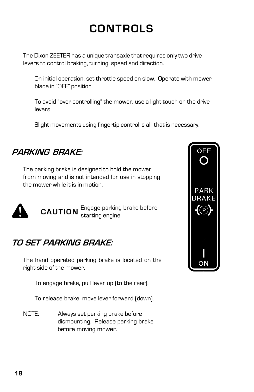 Dixon 2004 manual To SET Parking Brake 