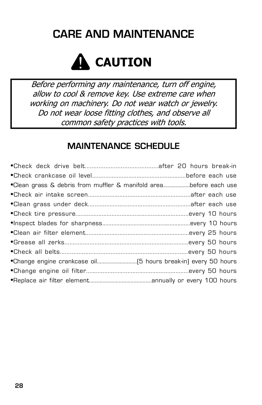 Dixon 2004 manual Care and Maintenance, Maintenance Schedule 