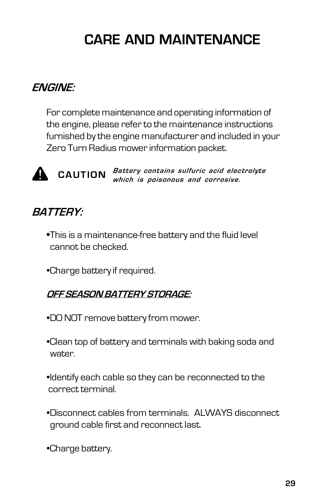 Dixon 2004 manual Engine, OFF Season Battery Storage 