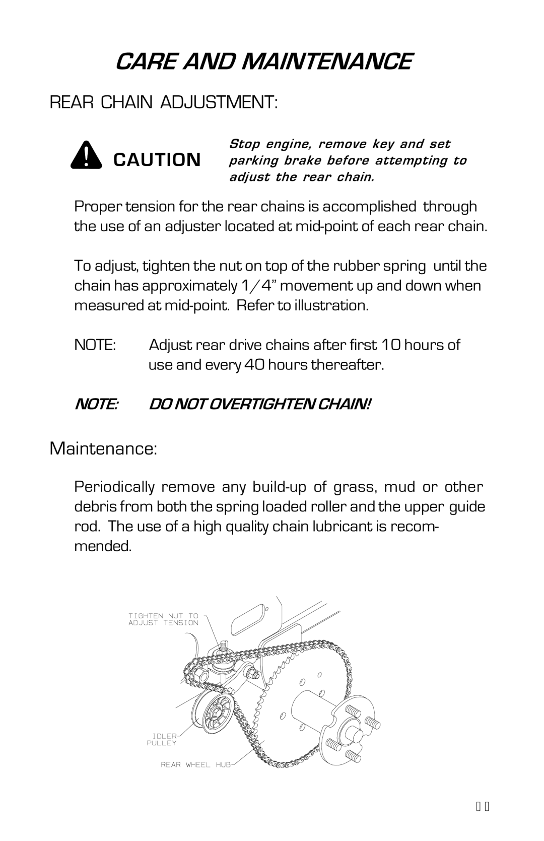 Dixon 2004 manual Rear Chain Adjustment, Maintenance, Do not Overtighten Chain 