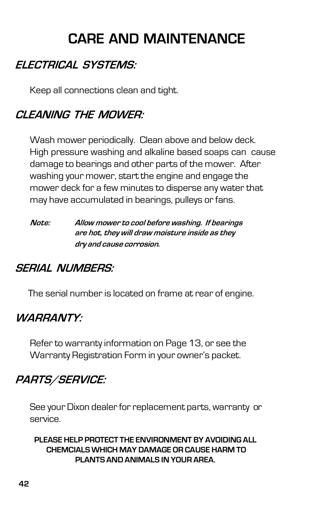 Dixon 2004 manual Electrical Systems, Cleaning the Mower, Serial Numbers, Warranty, Parts/Service 