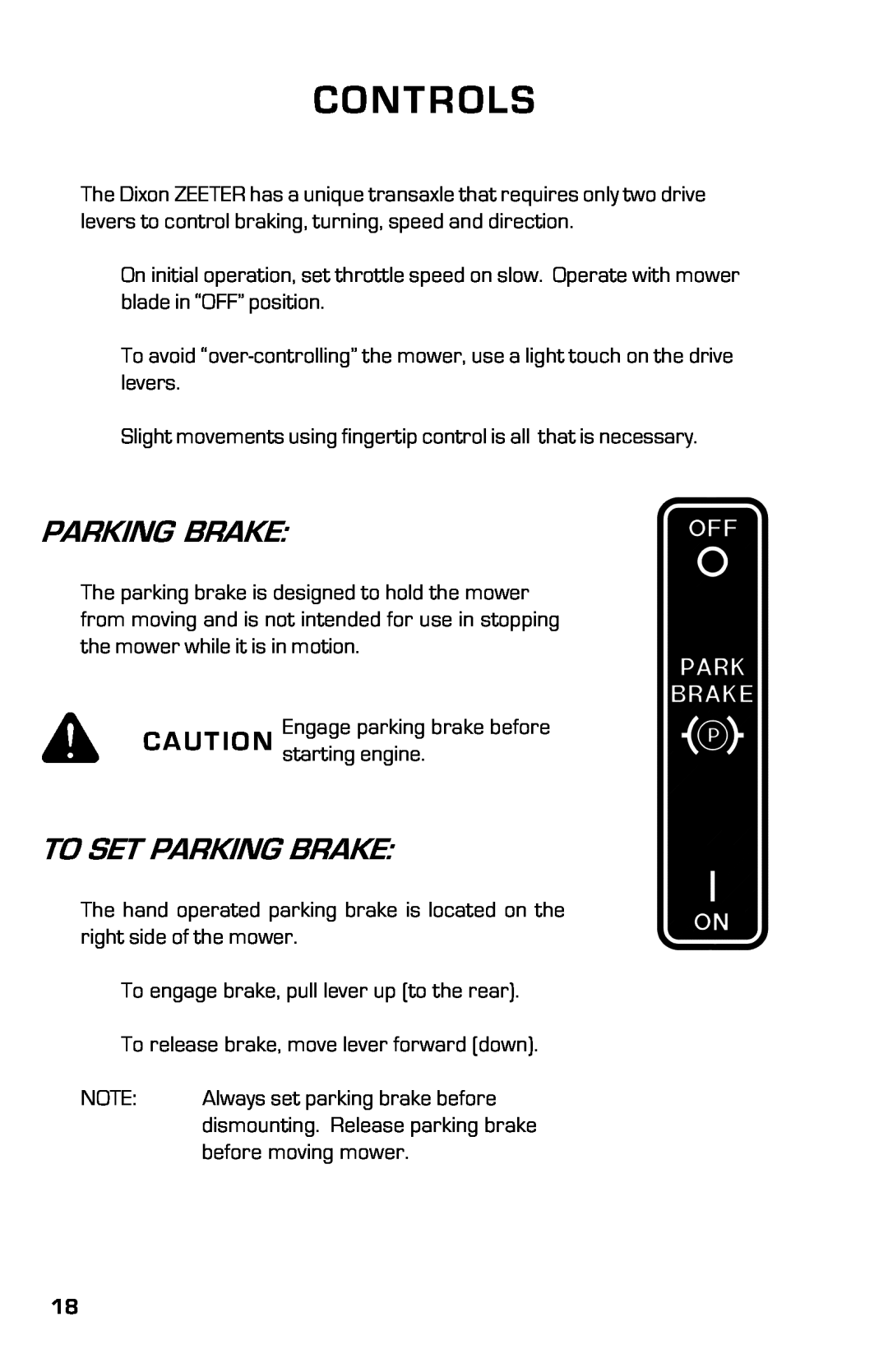 Dixon 2004 manual To Set Parking Brake, Controls 