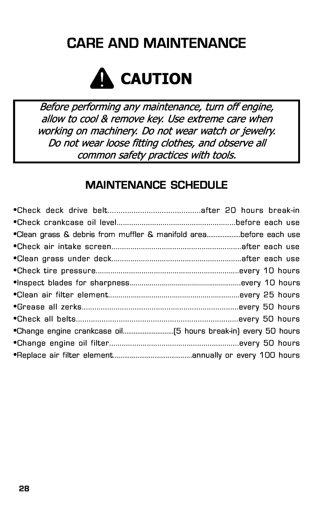 Dixon 2004 manual Care And Maintenance, Maintenance Schedule 