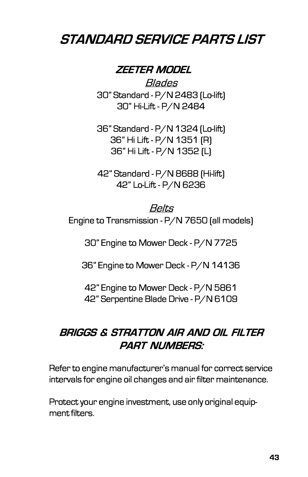 Dixon 2004 Standard Service Parts List, ZEETER MODEL Blades, Belts, Briggs & Stratton Air And Oil Filter Part Numbers 