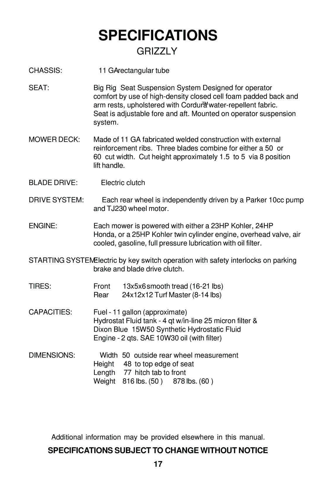 Dixon 2006 manual Specifications, Grizzly 