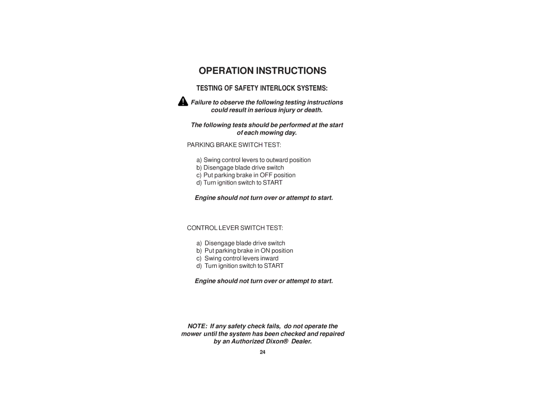 Dixon 21 KAW/968999576 manual Testing of Safety Interlock Systems, Parking Brake Switch Test 