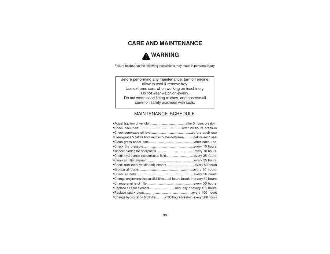 Dixon 21 KAW/968999576 manual Care and Maintenance, Maintenance Schedule 