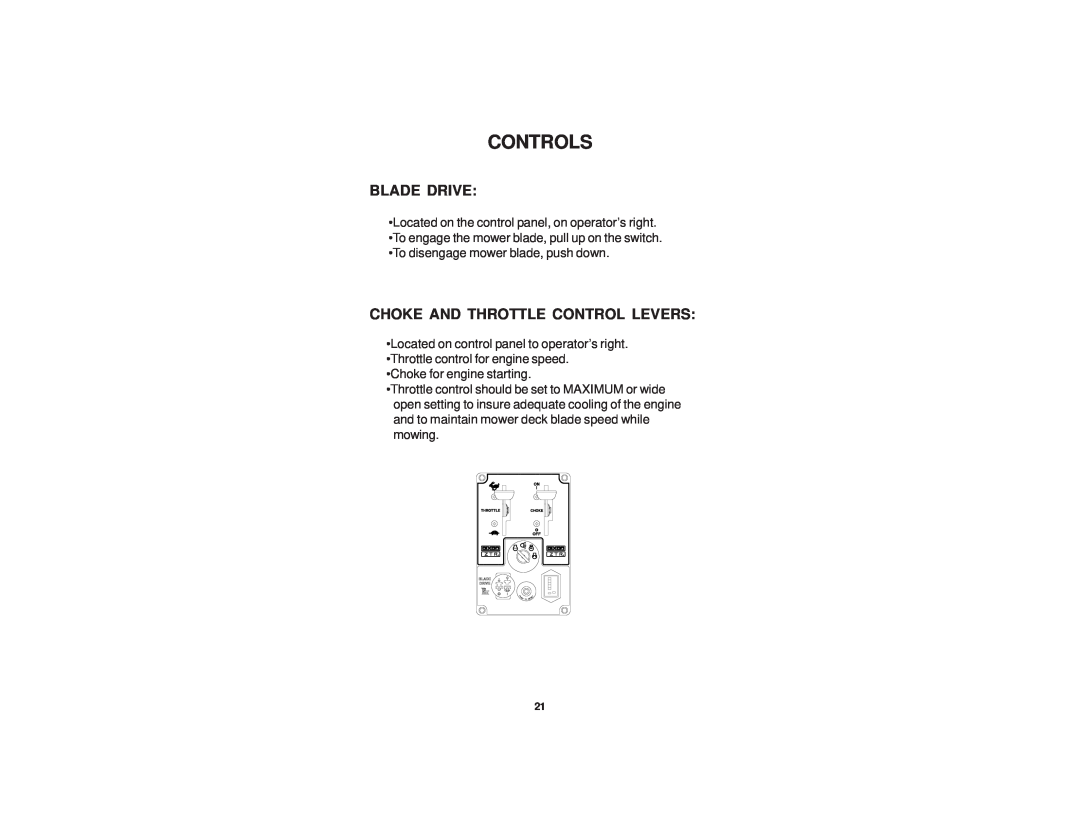 Dixon 21 KAW/968999576 manual Blade Drive, Choke And Throttle Control Levers, Controls 