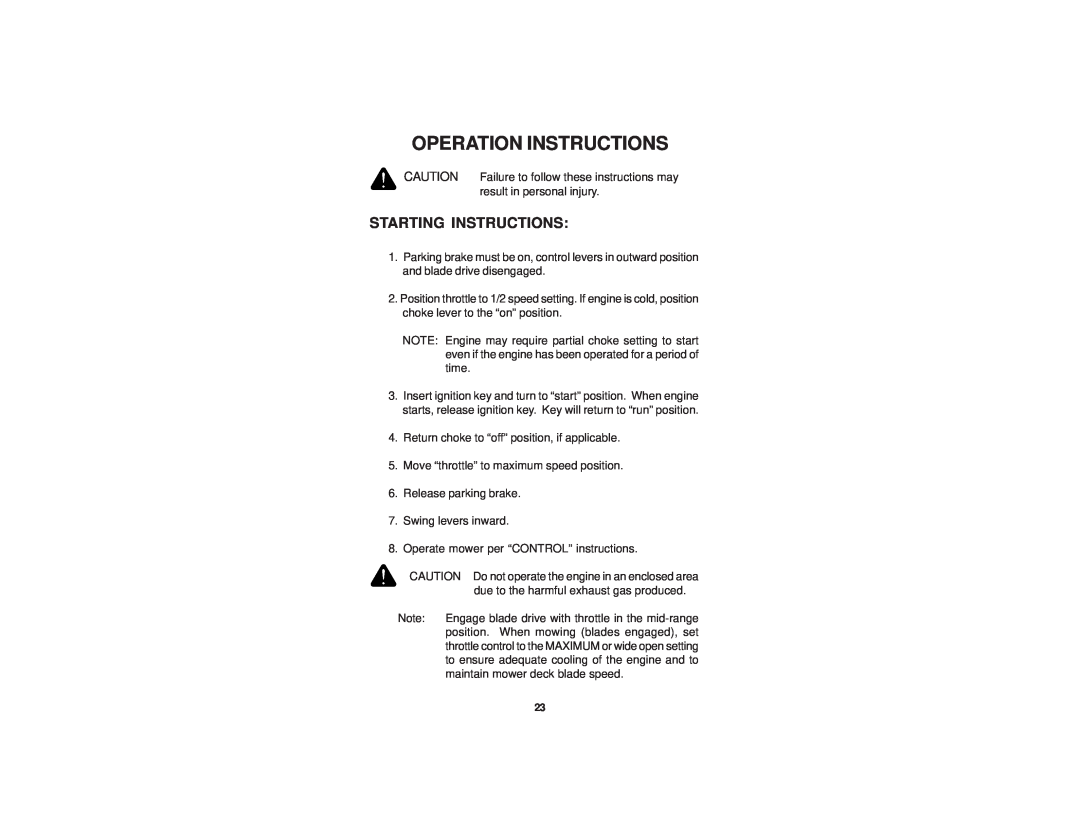 Dixon 21 KAW/968999576 manual Starting Instructions, Operation Instructions 