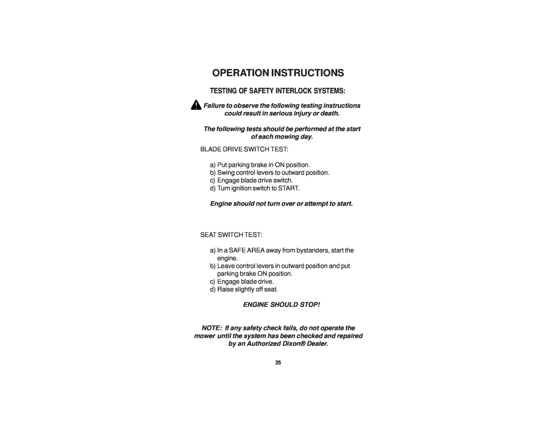Dixon 21 KAW/968999576 manual Operation Instructions, Testing Of Safety Interlock Systems 