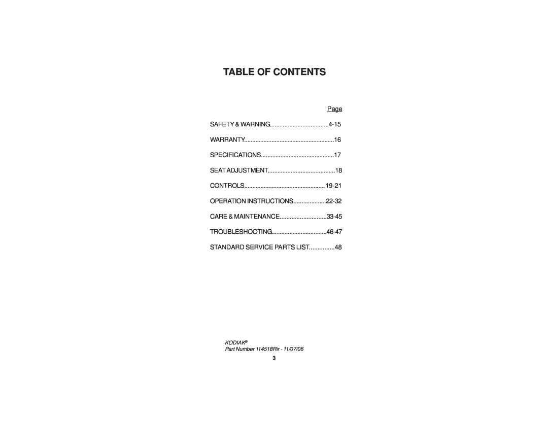 Dixon 21 KAW/968999576 Table Of Contents, Page, 4-15, Controls, 19-21, Operation Instructions, Care & Maintenance, 33-45 