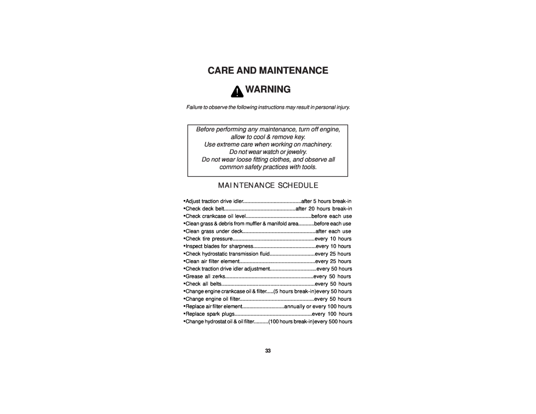 Dixon 21 KAW/968999576 manual Care And Maintenance, Maintenance Schedule 