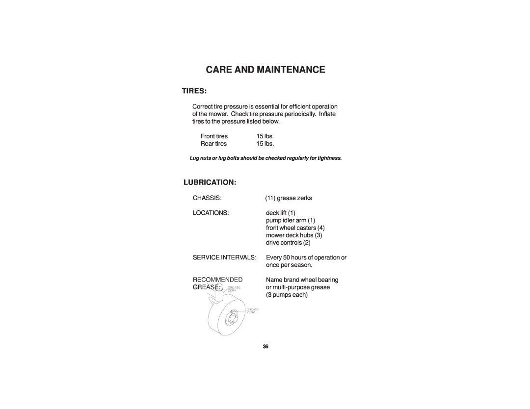 Dixon 21 KAW/968999576 manual Tires, Lubrication, Care And Maintenance 