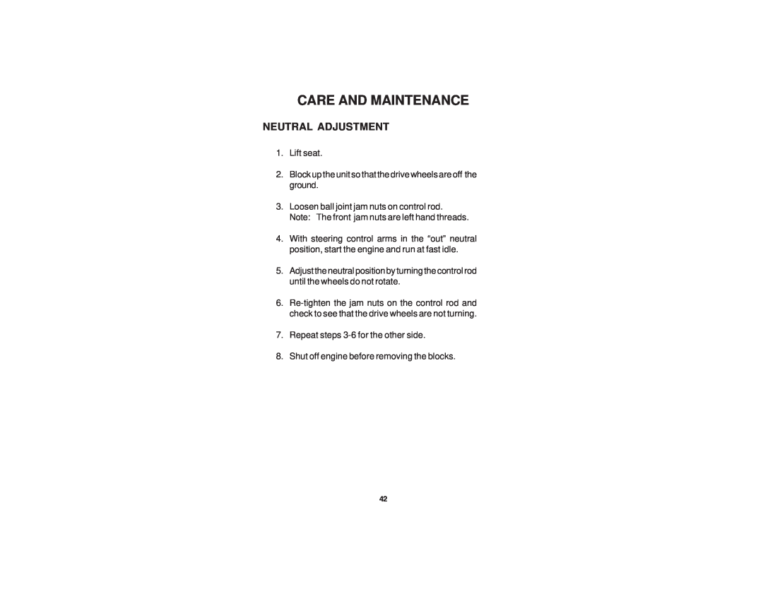 Dixon 21 KAW/968999576 manual Neutral Adjustment, Care And Maintenance 