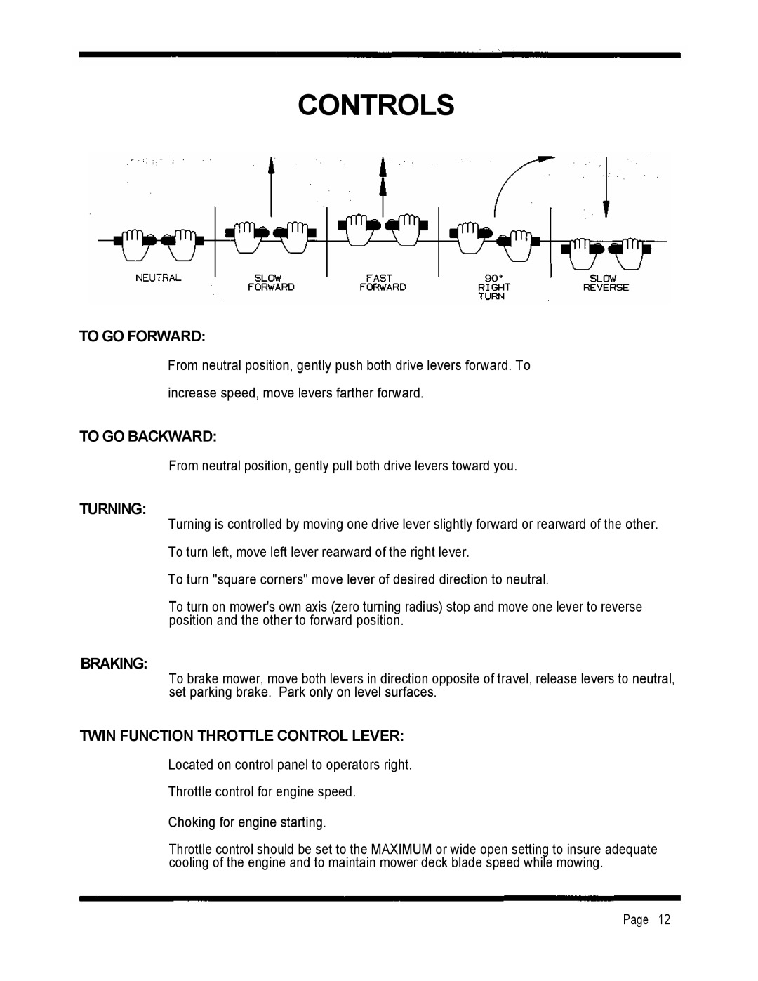 Dixon 2301 manual To GO Forward, To GO Backward, Turning, Braking, Twin Function Throttle Control Lever 